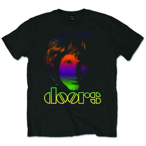 A man wearing a black t-shirt featuring a rainbow-colored portrait of Jim Morrison.