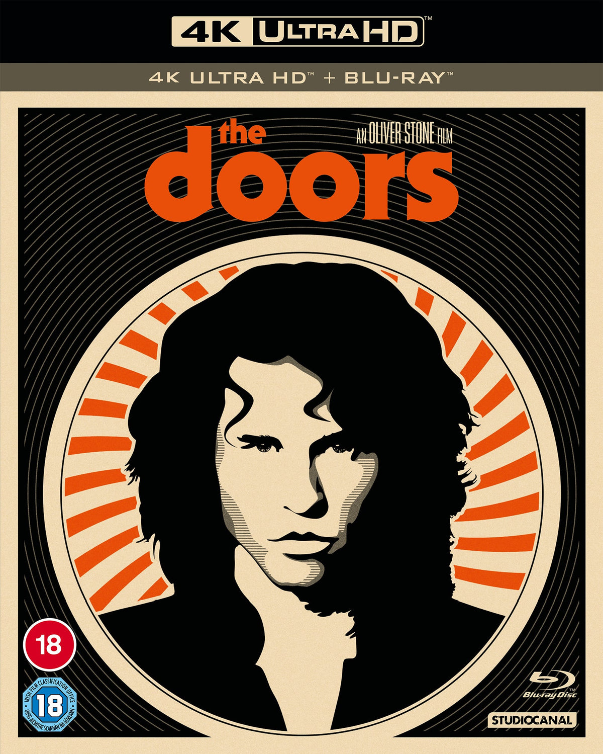 “The Doors” film cover: Jim Morrison’s portrait in a radial orange design.