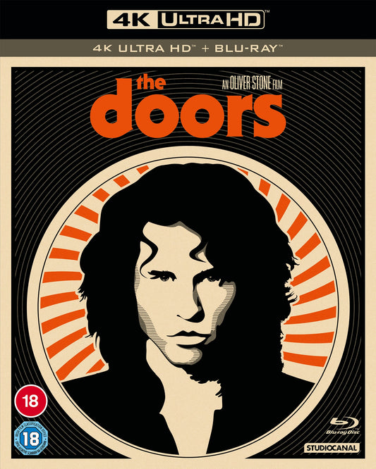 “The Doors” film cover: Jim Morrison’s portrait in a radial orange design.
