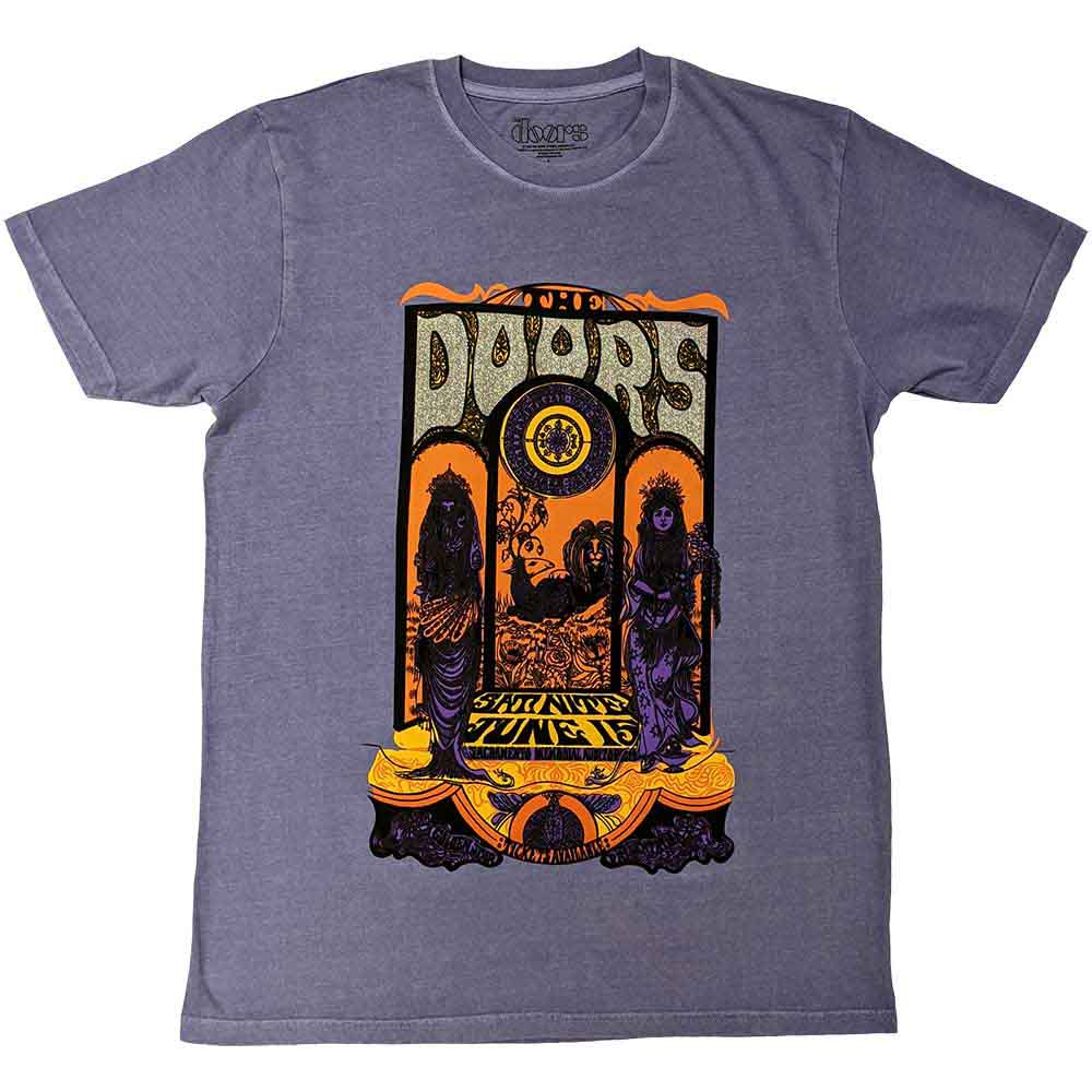 Silver glitter print of The Doors on a large, unisex black t-shirt.