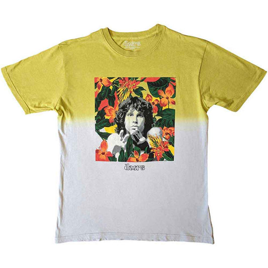 Black t-shirt with a square floral design, likely featuring The Doors imagery.