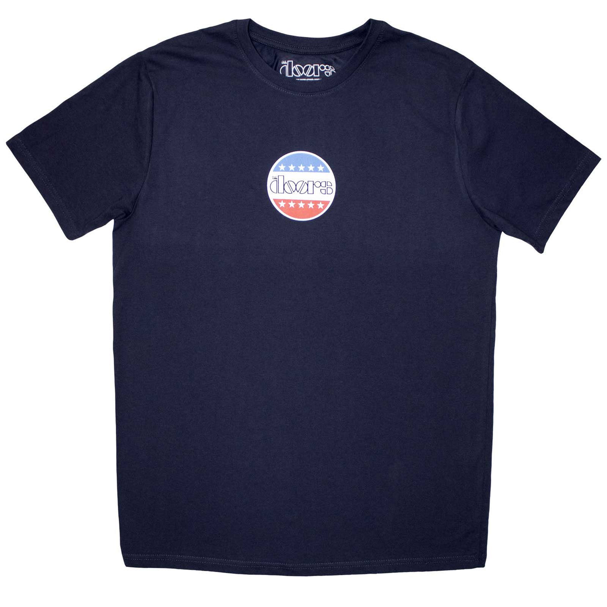 Black unisex T-shirt featuring a small white The Doors logo on the chest.