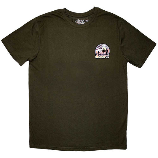 Black unisex t-shirt featuring a small sunrise graphic and The Doors logo.