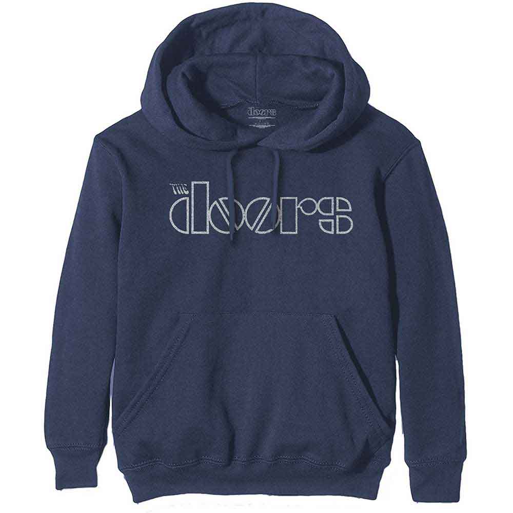 Dark-colored pullover hoodie with The Doors logo printed on the front.