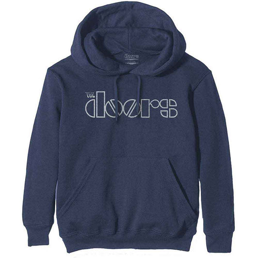 Dark-colored pullover hoodie with The Doors logo printed on the front.