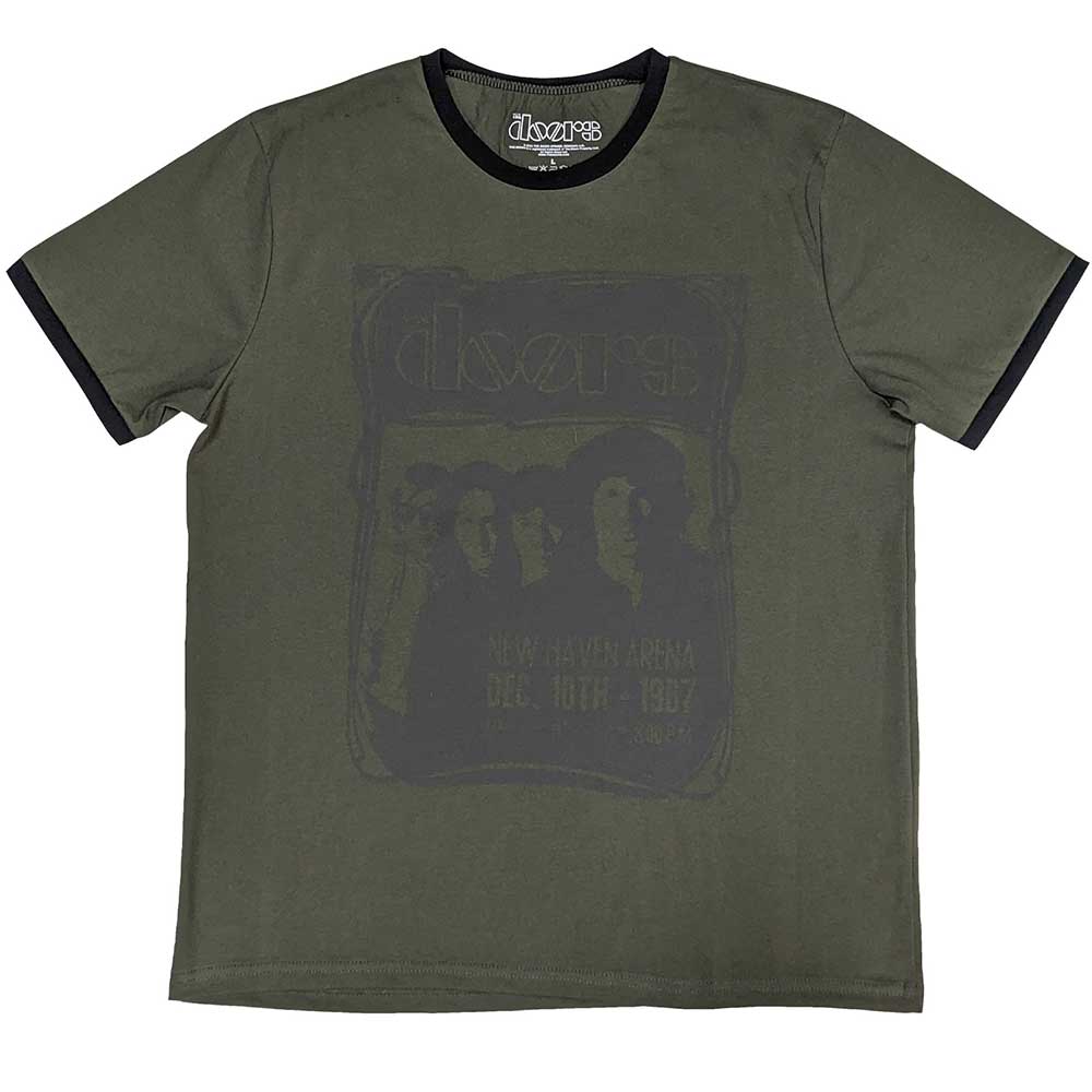 A white unisex ringer t-shirt featuring a vintage The Doors New Haven graphic print.