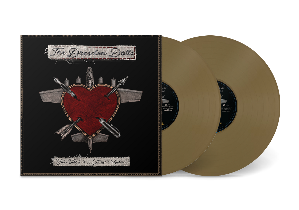 The Dresden Dolls album cover and two tan vinyl records.