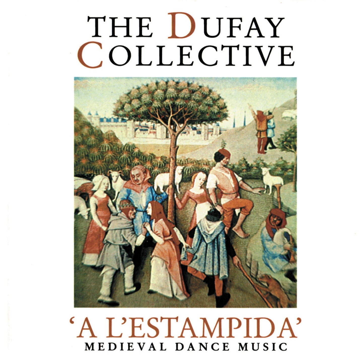 CD cover showing a medieval painting of people dancing in a field with sheep.