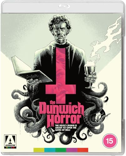 Man in clerical attire surrounded by tentacles and holding book and chalice on Blu-ray case.