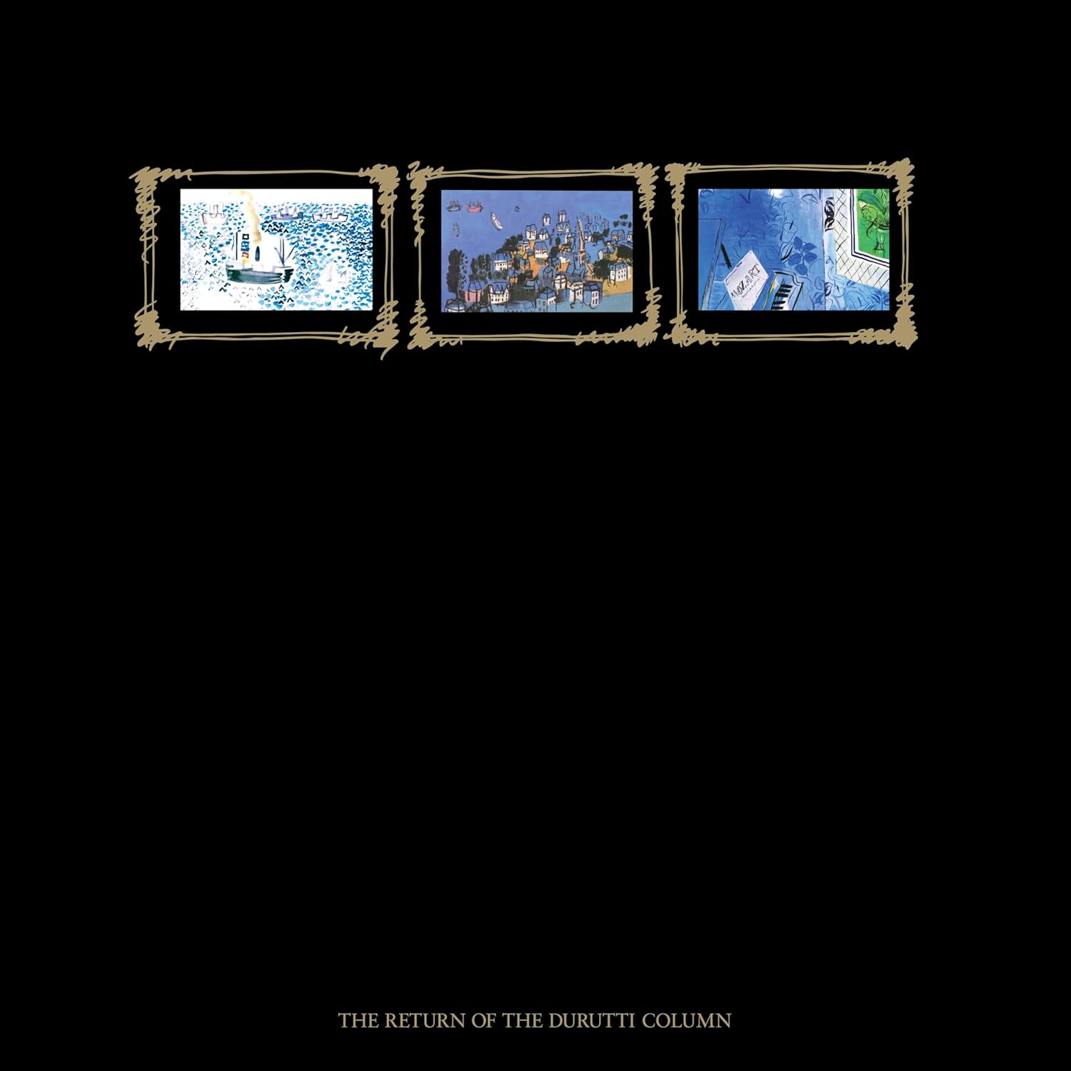 Black album cover with three framed landscape paintings and text below.