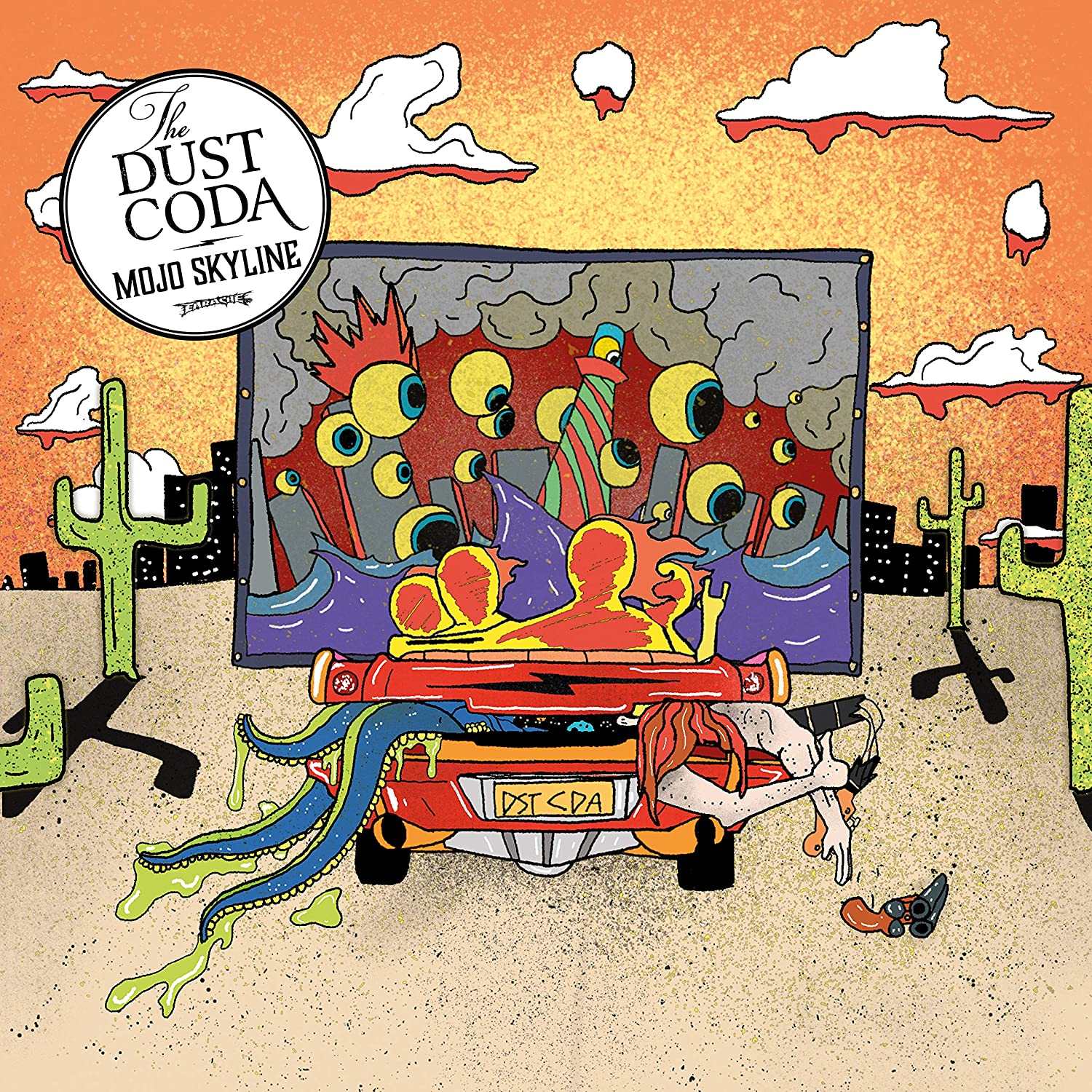 "Album cover art: surreal desert scene with car, cacti, and abstract figures."