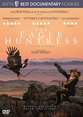 DVD cover for "The Eagle Huntress" featuring a girl and golden eagle.