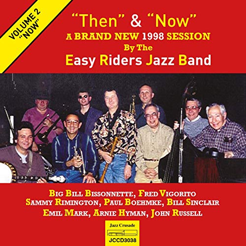"CD cover with red background, yellow text, and a photo of nine jazz musicians."
