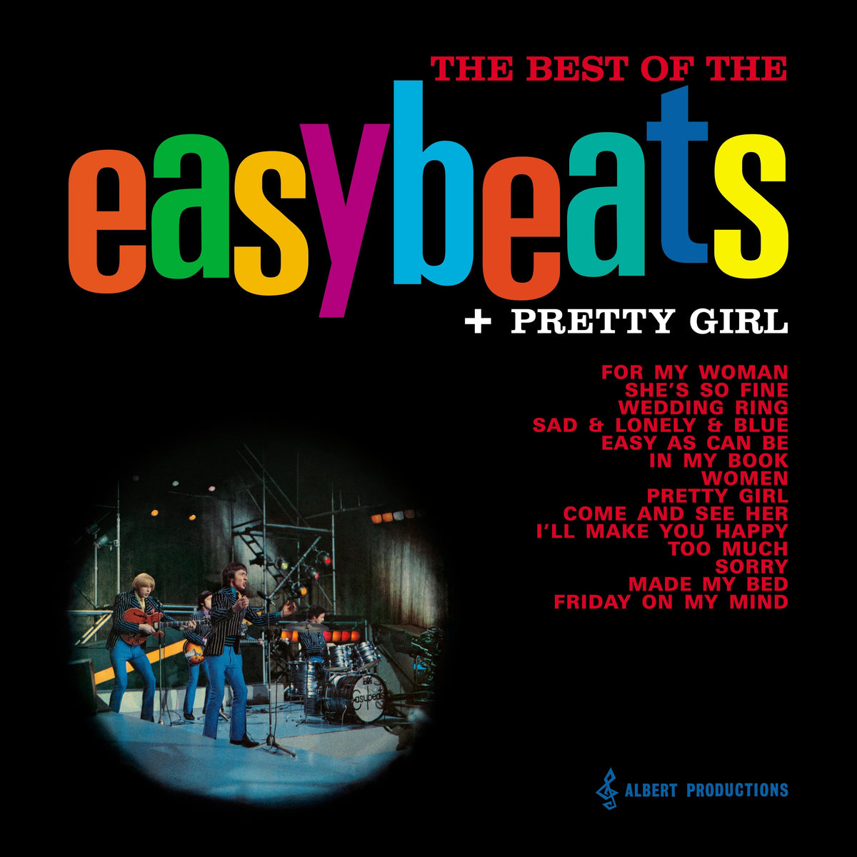 "Album cover with multicolored 'easybeats' text, band photo, and song list on black background."