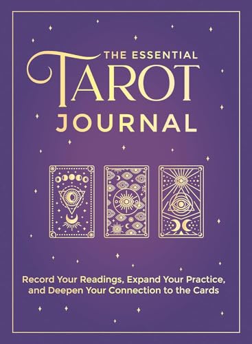 Purple tarot journal cover with gold lettering and three illustrated cards.