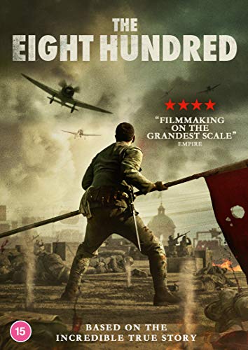 DVD cover for "The Eight Hundred" showing a soldier holding a flag amidst war.