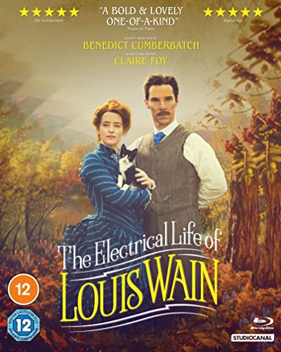 Blu-ray cover featuring Benedict Cumberbatch and Claire Foy holding a cat in autumn landscape.