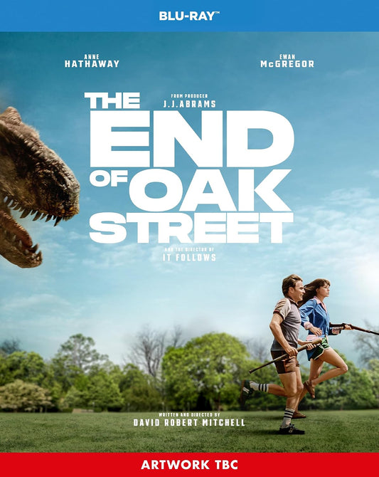 Blu-ray cover for "The End of Oak Street" featuring a dinosaur and running figures.