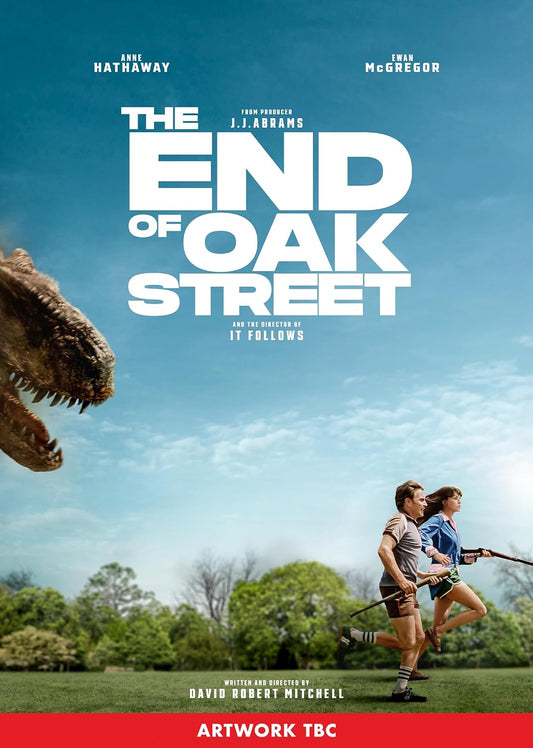 Movie poster: people running from a dinosaur on Oak Street.