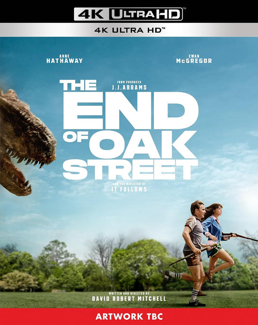 Movie poster: couple running from a large dinosaur, blue sky.