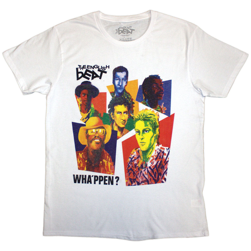 A black unisex t-shirt featuring the Wha'ppen album cover art by The English Beat.