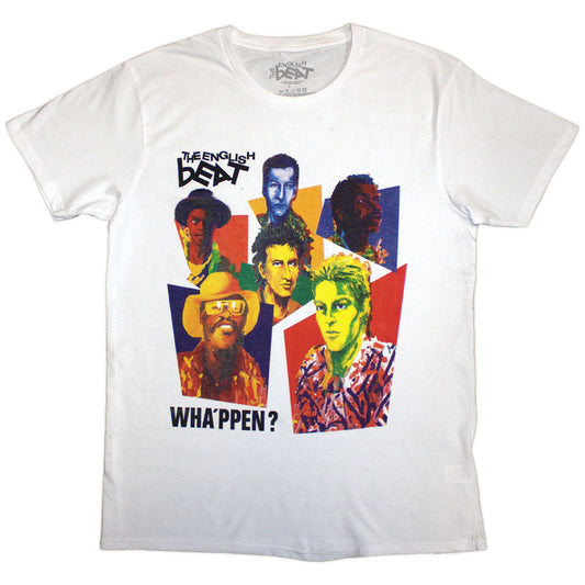 A black unisex t-shirt featuring the Wha'ppen album cover art by The English Beat.
