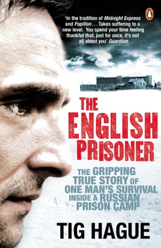 Book cover: "The English Prisoner" featuring a man’s face and a Russian prison camp.
