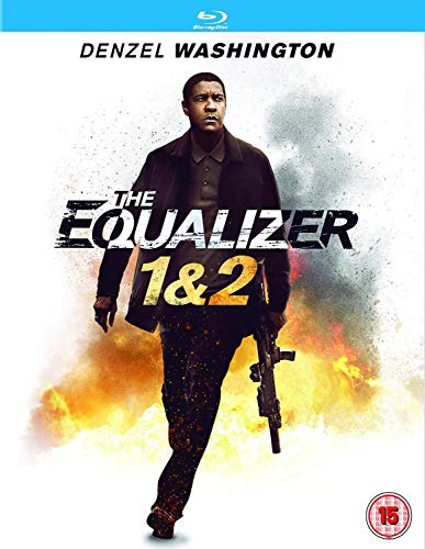 Denzel Washington on Blu-ray cover for "The Equalizer 1 & 2" with explosions.