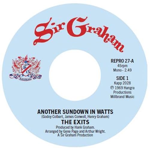 Light blue Sir Graham vinyl record label for The Exits song Another Sundown In Watts.