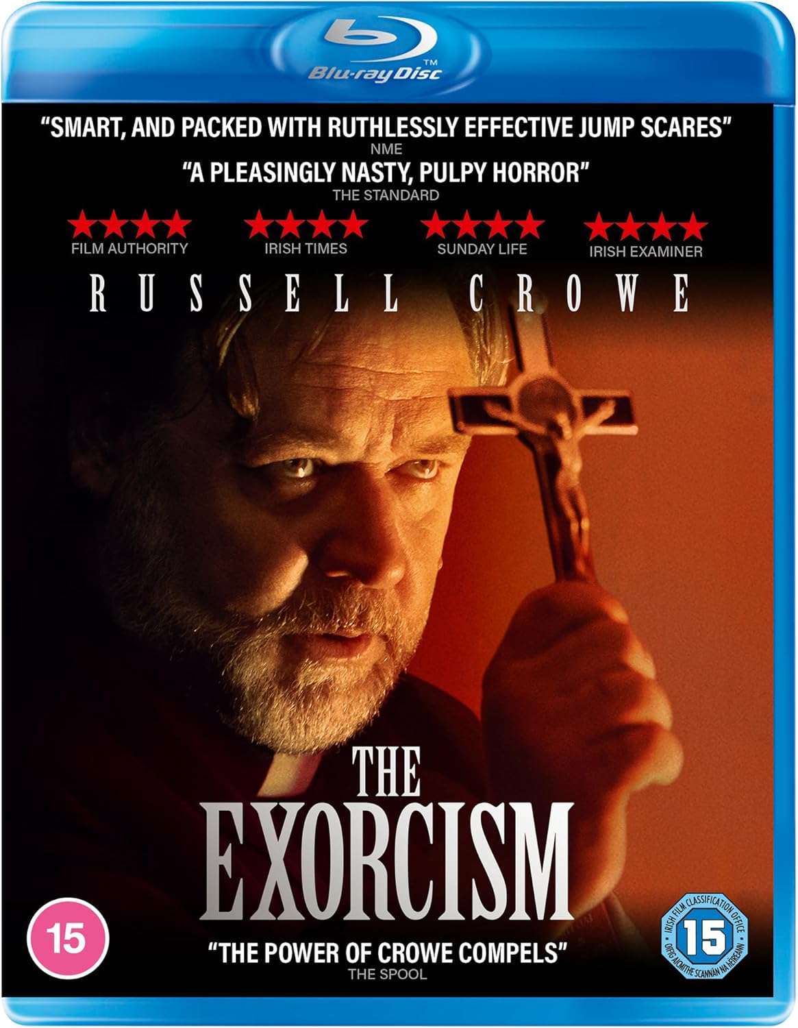 Blu-ray cover for "The Exorcism" featuring Russell Crowe with a distressed look.