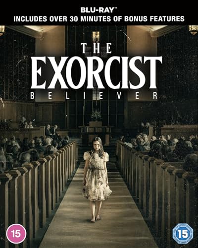 Blu-ray cover for "The Exorcist: Believer" featuring a girl in a church.
