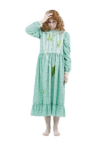 Woman in a long, floral nightgown with pale, distressed makeup.