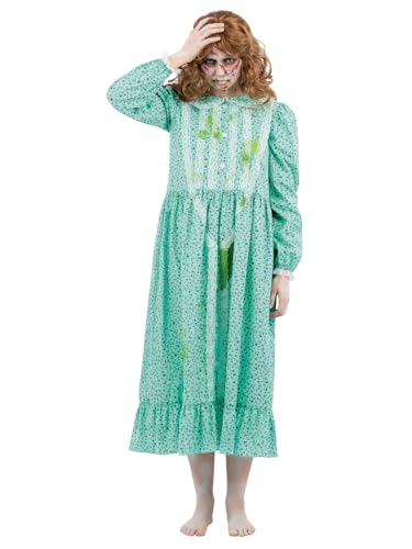 Person wearing a Regan Exorcist costume with a floral nightgown and messy makeup.