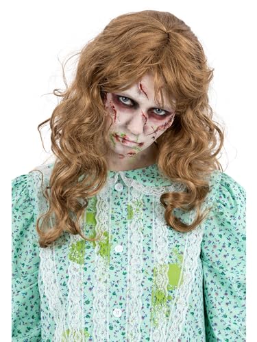 Long, wavy reddish-brown wig on a model with horror makeup.
