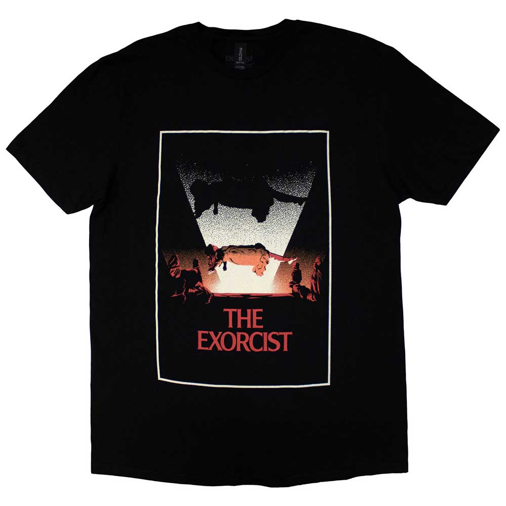 Black t-shirt featuring imagery from The Exorcist, depicting levitation.