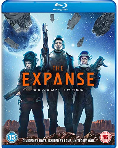 "Blu-ray cover of 'The Expanse: Season 3' featuring three armored characters and spaceships."