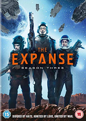 DVD cover for The Expanse Season 3, showing three armed men in futuristic attire.