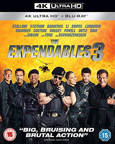 The Expendables 3 UHD Blu-ray cover with action stars and a helicopter.