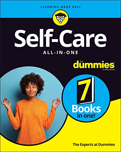 Book cover: "Self-Care All-in-One For Dummies" with a woman meditating.