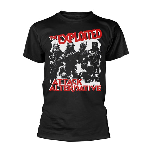 Black t-shirt with white and red graphic of soldiers, "The Exploited" band logo.