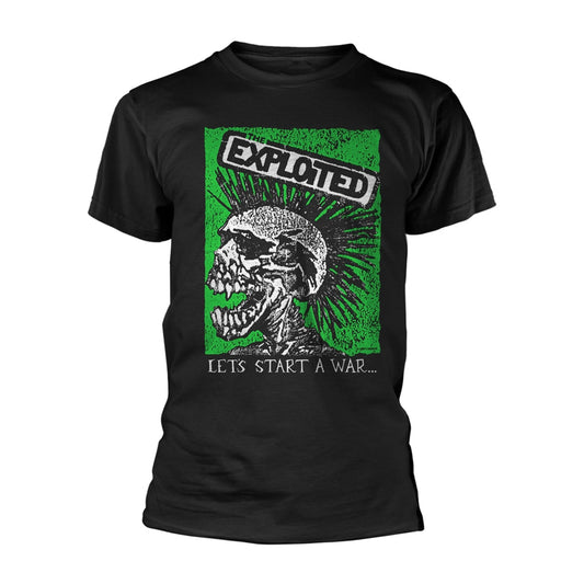 Black t-shirt with a green and white skull and band logo print.