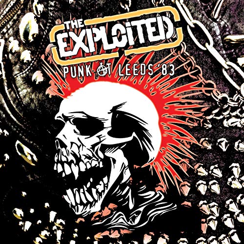 The Exploited album cover: skull with red spikes, black leather texture.
