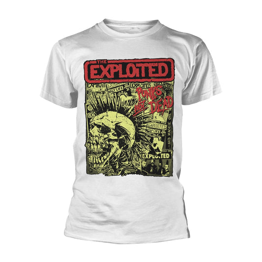 White t-shirt with a black and green collage print of The Exploited logo.