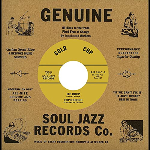 Golden 7-inch vinyl record label with "Hip Drop" by The Explosions text.