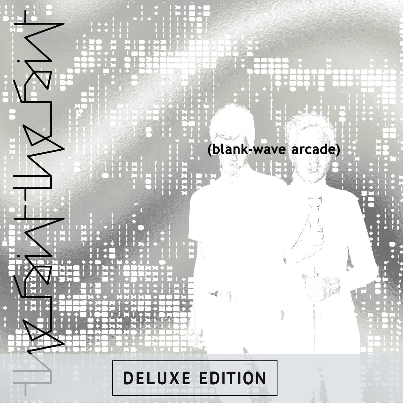 Album cover for The Faint’s “Blank-wave Arcade” featuring two figures in white.