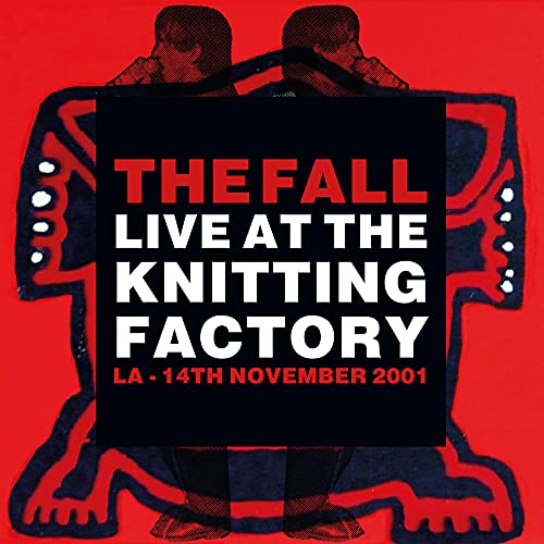 Album cover for The Fall’s live album, red background, black text, figures.