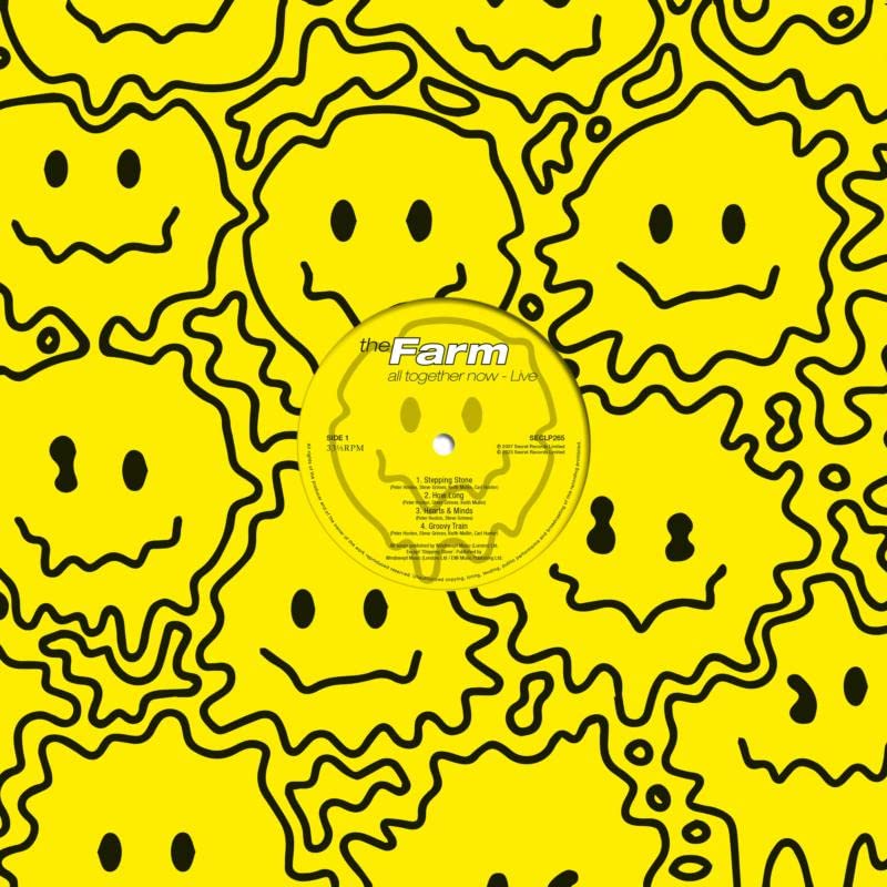 Yellow vinyl record with black doodle-like pattern and central label details.