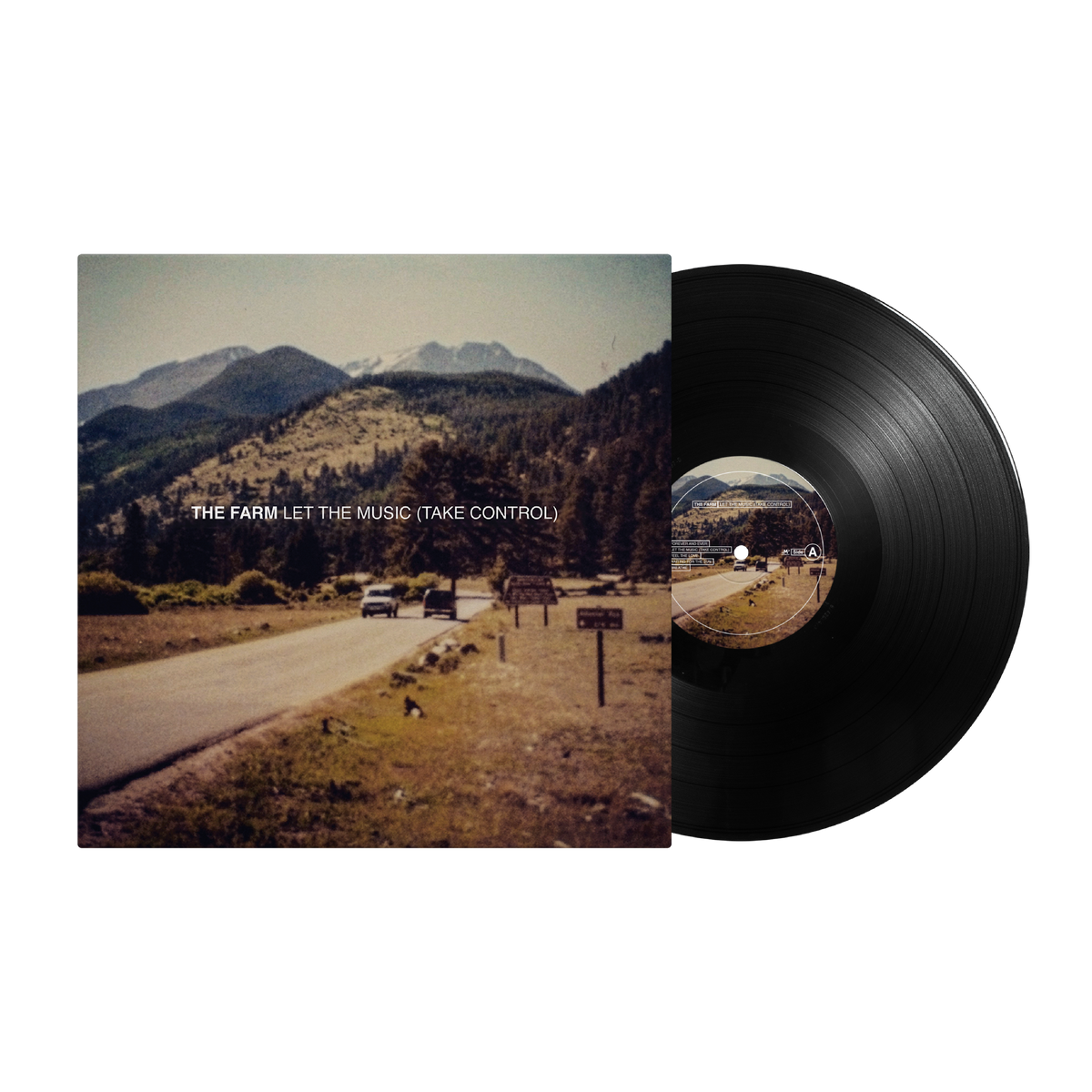 Vinyl record with cover depicting a mountain road and landscape.