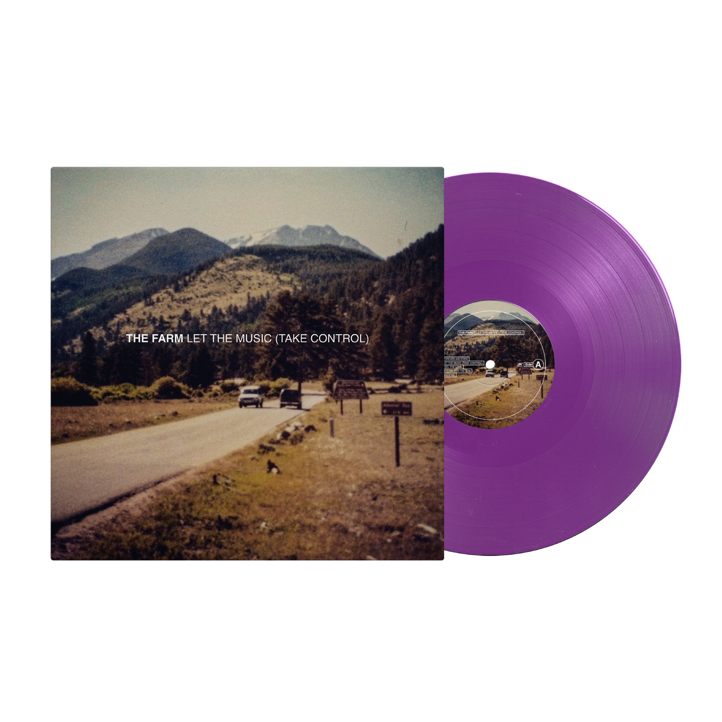 Purple vinyl record with album cover depicting a mountain road scene.
