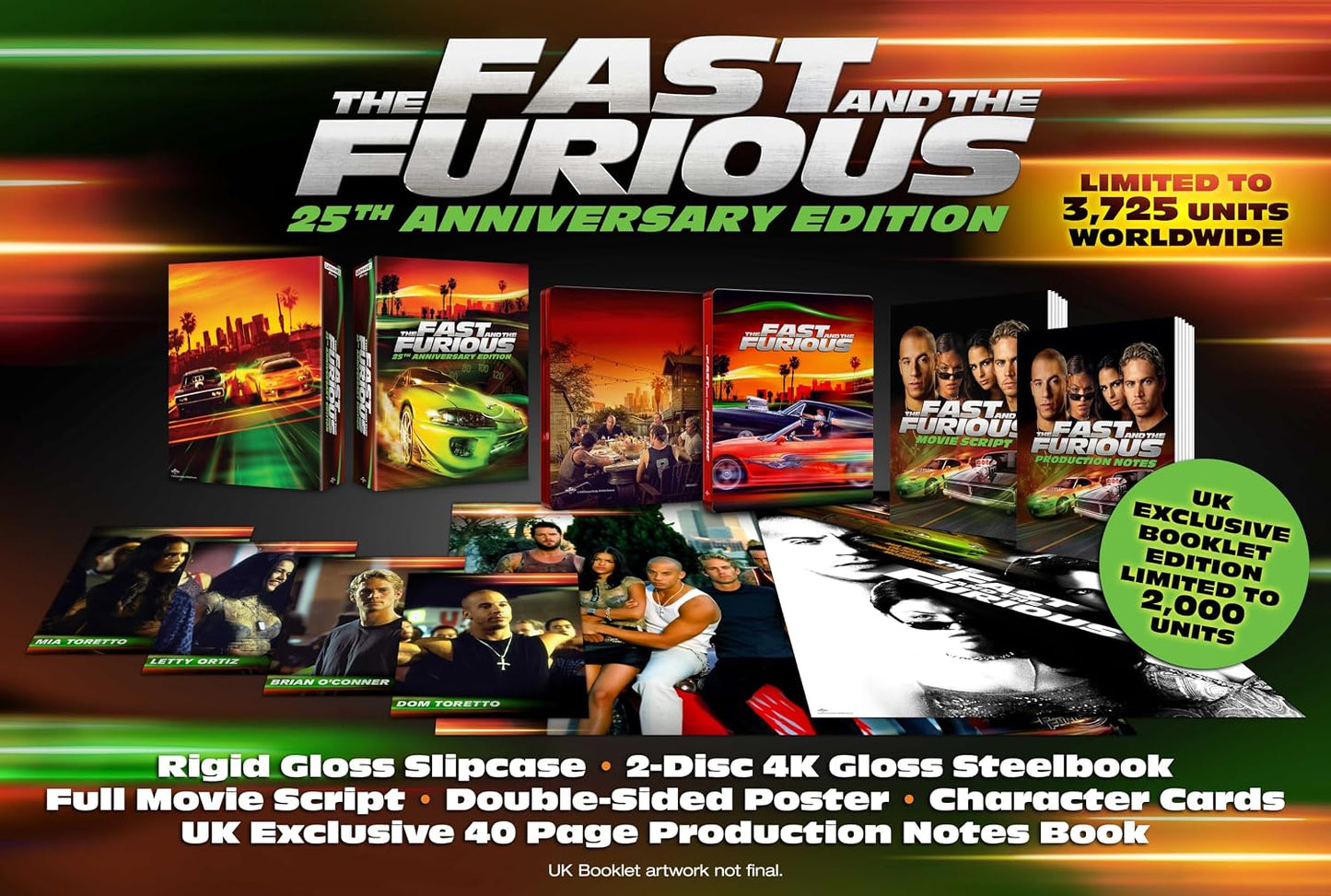 The Fast and the Furious 25th Anniversary Edition collector's set with steelbook and memorabilia.